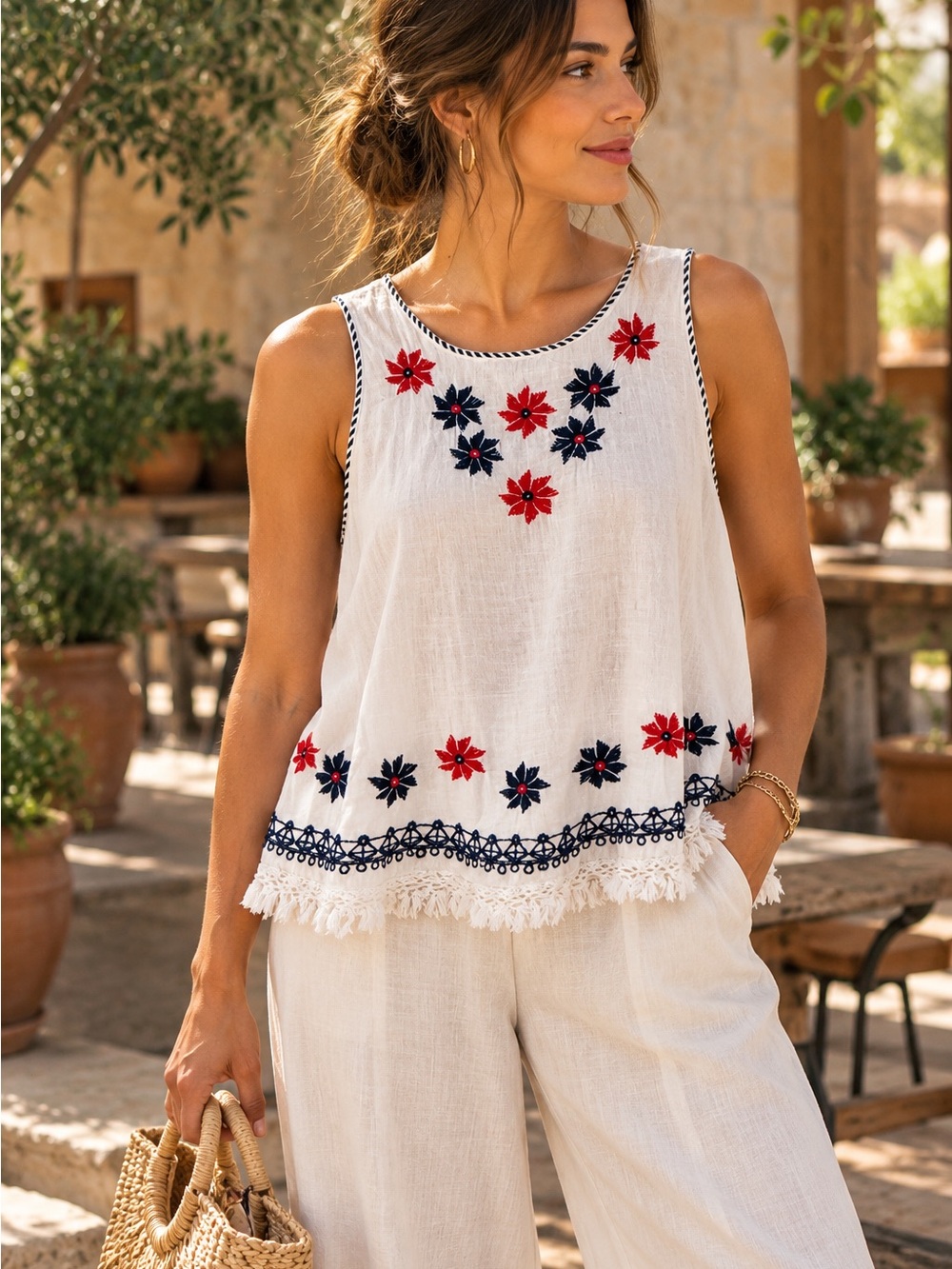 Max Studio White Sleeveless Embroidered Fringe Tank - Red & Navy